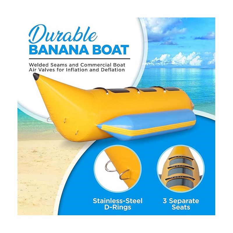 SereneLife Person Inflatable Banana Boat, Includes Storage Bag, Foot Pump, and Repair Kit, Tough and Thick, Reinforced Seats and Foot Areas, 3 of 8
