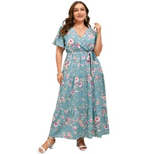 BLUEMING Summer Maxi Dress for Plus Size Women Tie Wasit Surplice Dress Flutter Sleeve A-Line Dress - 1 of 4