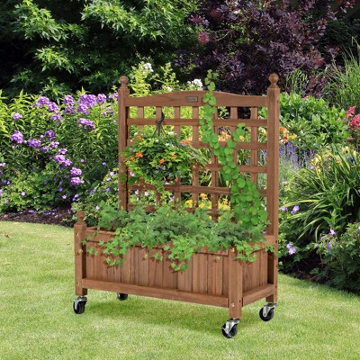 Natural Fir Wood Planter Box with Trellis and Wheels