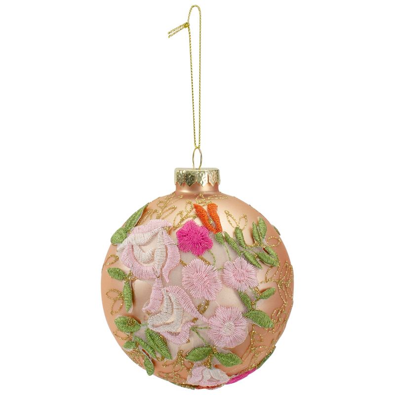 Northlight 2-Finish Pink Floral Applique Glass Christmas Ball Ornament 4" (100mm), 1 of 5