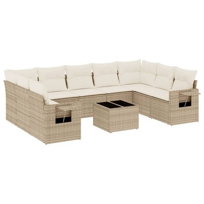 vidaXL 10 Piece Patio Sofa Set with Cushions Beige Poly Rattan - Beige and Cream Without Table