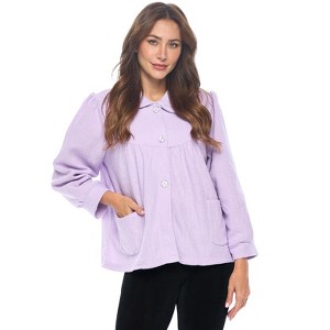 Casual Nights Women's Button Front Jacquard Terry Fleece Sleep Bed Jacket Top with Pockets - 1 of 4