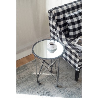 Antique Silver Round Metal and Glass Side Table
