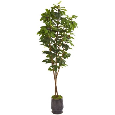 Nearly Natural 88-in Fig Artificial Tree in Ribbed Metal Planter