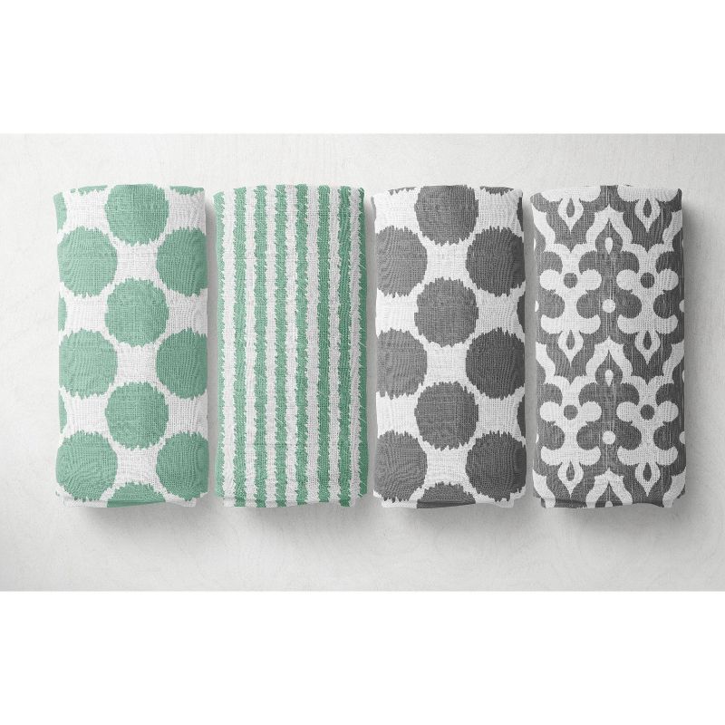 Bacati - Ikat Dots Stripes Mint Grey Neutral 10 pc Crib Set with Long Rail Guard Cover & 4 Muslin Swaddling Blankets, 2 of 10