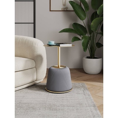 Gold and Gray Metal Round Accent Table with Ridged Base