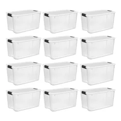 Sterilite 70 Quart Clear Plastic Versatile Stackable Storage Bin Totes with White Latching Lid Organizing Solution for Outdoor Use, 12 Pack
