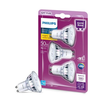 3000-Kelvin 3-Pack 4-Watt Renewed 50-Watt Equivalent Philips 544932 LED GU10 Dimmable 35-Degree Flood Light Bulb: 380-Lumen 