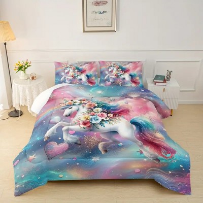 Acoinel 3 Pcs Unicorn with Flowers Comforter Set with 2 Pillowcases