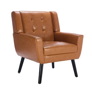 Vynxaria Modern Ergonomic Accent Chair, Light Brown PU Living Room Chair, Bedroom Chair with Black Legs - 1 of 4