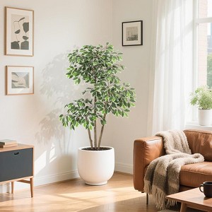 5FT/6FT Artificial Ficus Tree - White Planter, Natural Trunks, White-Edged Leaves - Ideal for Indoor Decor - 1 of 4