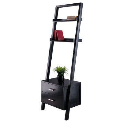 Bellamy Sleek Black Wood Leaning Ladder Bookcase with Storage