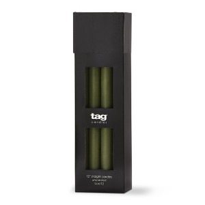 TAG Color Studio 12" Straight Taper Unscented Smokeless Paraffin Wax Candle Olive Green Burn Time 12 hrs. Set 12 - 1 of 2