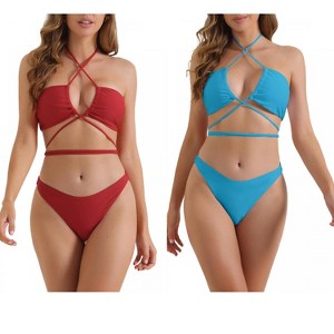 INSPIRE CHIC Women's Halter Double Lace Up Tie Back Triangle Bottoms Swimwear Bathing Bikini Suits 2 Sets - 1 of 4