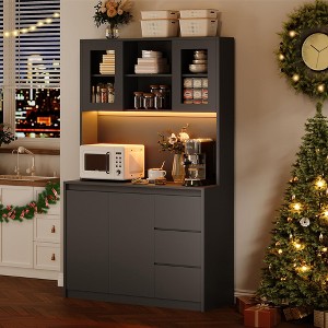 71" Tall Kitchen Pantry Cabinet with LED Lights & Power Outlets, Microwave Stand with Glass Door, Adjustable Shelves, 3 Drawers, Handless Design - 1 of 4