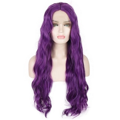 Unique Bargains Women's Long Fluffy Curly Wavy Lace Front Wigs with Wig Cap 24" Purple 1PC