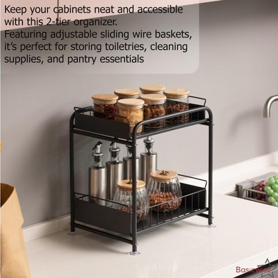 Basicwise Under Sink Organizer Sliding Wire Baskets Adjustable 2-Tier Metal Storage Rack for Bathroom Kitchen — фото 7