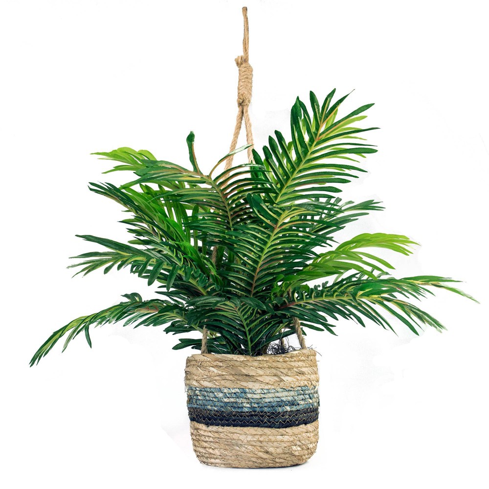 LCG Florals 30" x 16" Artificial Phoenix Palm Plant in Hanging Basket: Indoor Faux Palm with Wicker Basket