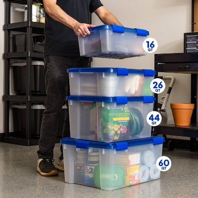 60 Quart Clear Plastic Storage Bins with Blue Lids, Set of 4