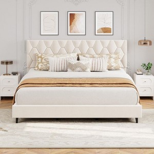 Coolmee Full/Queen/King Bed Frame with Upholstered Headboard, Heavy-Duty Platform Bed with Strong Wood Slats, No Box Spring Needed - 1 of 4