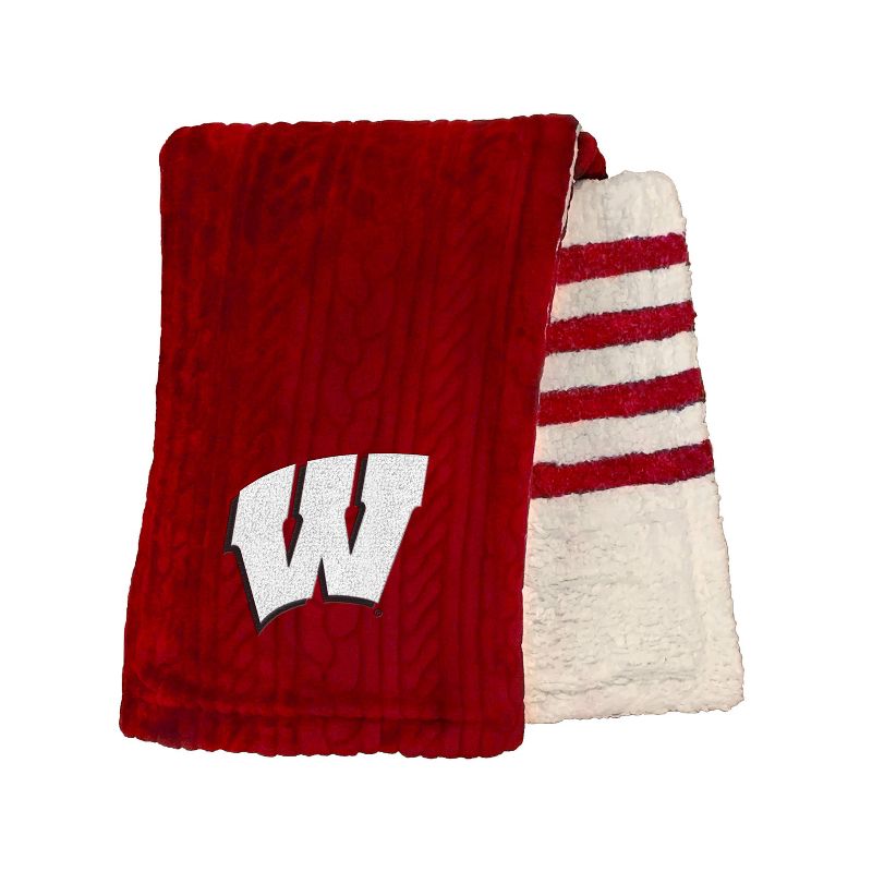 NCAA Wisconsin Badgers Cable Knit Embossed Logo with Faux Shearling Stripe Throw Blanket, 2 of 4