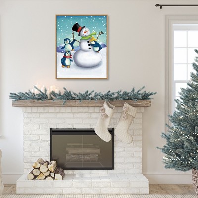 Joyful Snowman and Penguins Framed Canvas Wall Art
