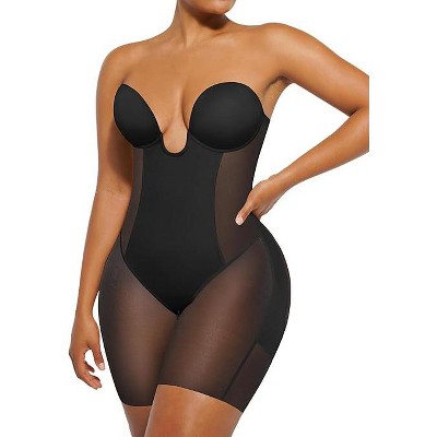 SHAPELLX Strapless Shapewear for Women Deep Plunge Corset Tummy Control Backless Bodysuit Mid Thigh Full Body Shaper—Black 38