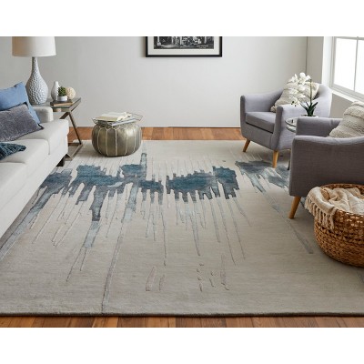 Ivory and Blue Abstract Hand-Tufted Wool Area Rug