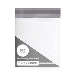 PSBM Expansion Poly Mailers, 11x13 Inch, 100 Pack, Expandable Gusseted Shipping Envelope For Bulky Items Like Books & Clothing, Self Seal, White/Grey - 1 of 4
