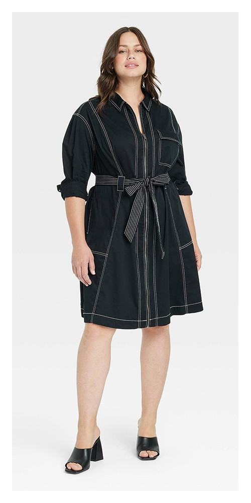 Women's Plus Size Long Sleeve Twill Dress - Ava & Viv™ Black 1X