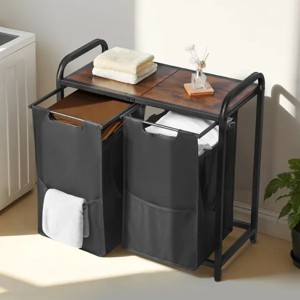 Laundry Sorter, Large Laundry Hamper with Metal Frame and Wooden Tabletop, Freestanding Storage Organizer Baskets with Pull-Out - 1 of 4