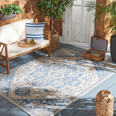 Beach House Blue and Cream Square Synthetic Rug