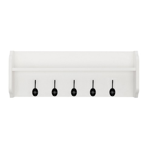 Danya B. 2-Tier Ledge Wall Shelf Organizer with Five Hanging Coat or Towel  Hooks - Entryway or Bathroom - White 