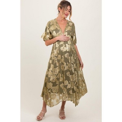 PinkBlush Olive Metallic Floral Jacquard Overlay Maternity Maxi Dress