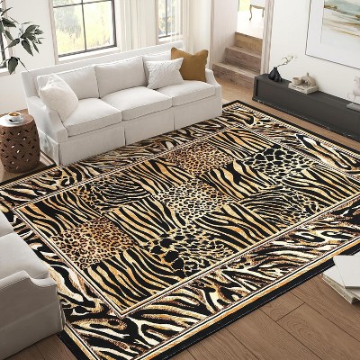 Area Rug for Living Room Washable, Soft Leopard Patchwork Print Large Bedroom Rugs Low Pile Non-Slip Carpet Rugs for Dining Room
