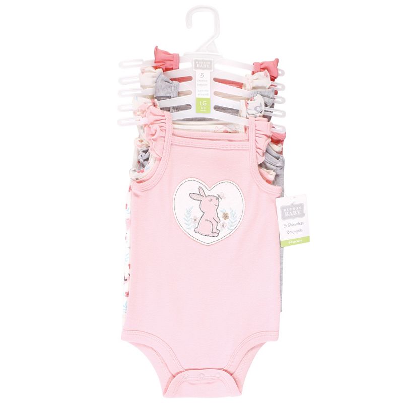 Hudson Baby Infant Girl Cotton Sleeveless Bodysuits, Sweet Bunny, 3 of 9