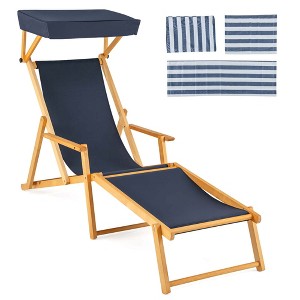 Costway Birch Wood Chaise Lounge Chair with Adjustable Canopy Reclining Backrest & Footrest Brown/Navy - 1 of 4