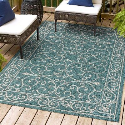 Teal & Gray Vintage Boho-Chic Filigree 9'x12' Indoor/Outdoor Rug