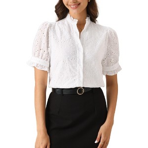 INSPIRE CHIC Women's Summer Short Sleeve V Neck Stand Collar Hollow Out Embroidered Shirts - 1 of 4