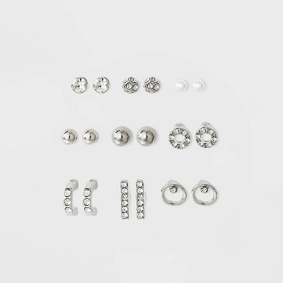 Stone Simulated Pearl Bar and Open Circle Multi Stud Earring Set 9pc - Wild Fable™ Dark Silver