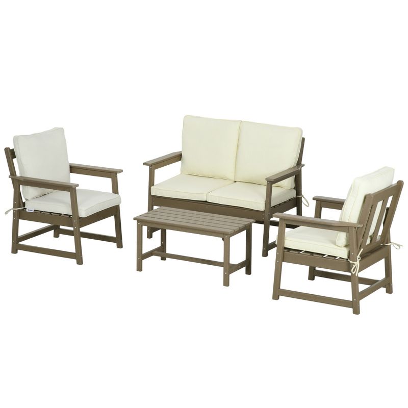 Outsunny 4 Piece Patio Furniture Set with Cushion, HDPE Conversation Sofa Set, Cream White, 4 of 7