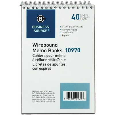 Business Source Wirebound Memo Book End Opening Wire 4"x6" 40Shts White 10970