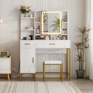 Makeup Vanity Desk with Mirror and Lights, Makeup Vanity Table with Drawers, Open Shelves, Cabinets, Dressing Table with Cushioned Stool for Bedroom - 1 of 4