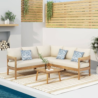Brooklyn Teak and Beige 5-Person Outdoor Sectional Sofa Set