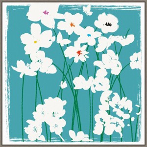 30" x 30" Turquoise Flowers by Jenny Frean Framed Canvas Wall Art Print - Amanti Art: Modern Botanical Lithograph, Polystyrene Frame - 1 of 4