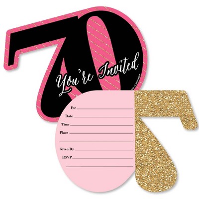 Big Dot of Happiness Chic 70th Birthday - Pink, Black and Gold - Shaped Fill-in Invites - Birthday Party Invitation Cards with Envelopes - Set of 12