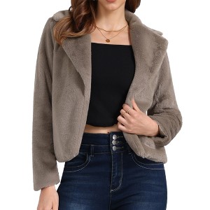 Seta T Women's Fashion Long Sleeve Faux Fur Fluffy Notch Lapel Cropped Jacket - 1 of 4