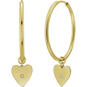 14k Yellow Gold 32mm Heart Diamond Charm Hoop Gemstone Earrings - 1 of 4