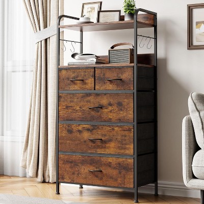 Acekool 5 Drawer Dresser, Bedroom Storage Organizer with Fabric Bins, Wood Top, Steel Frame, Easy Pull Handles, Entryway, Hallway