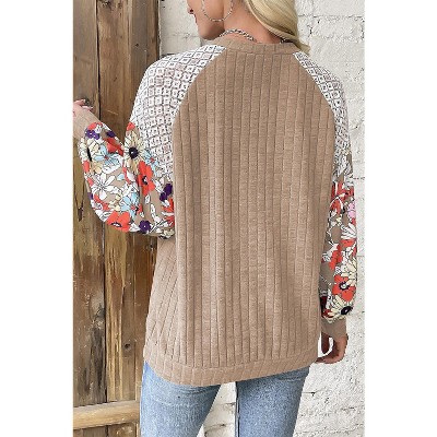 Laurel Green Floral Patchwork Long Sleeve Ribbed Blouse